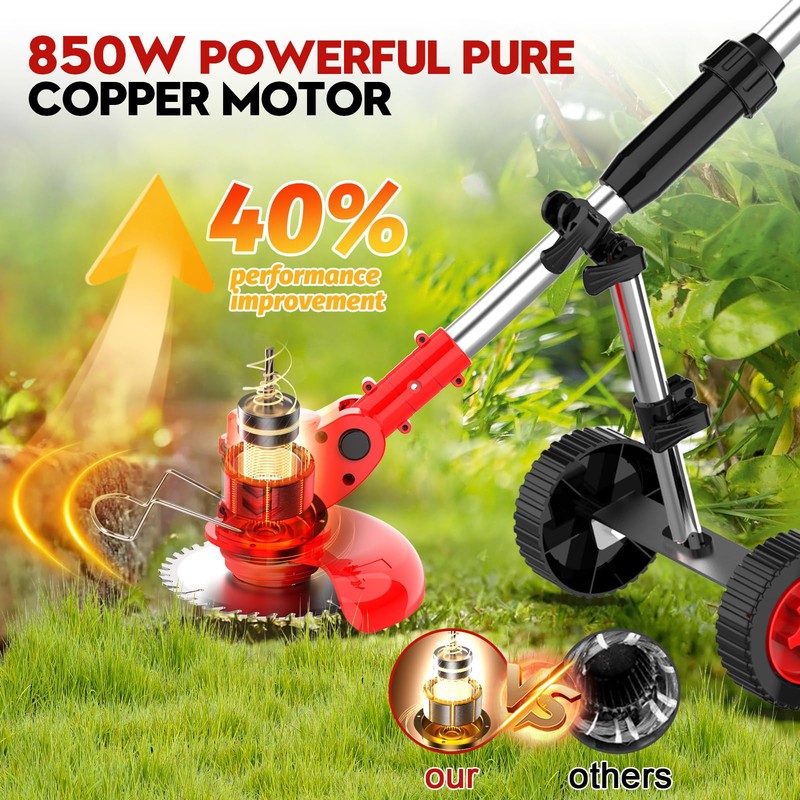Electric Weed Wacker Cordless with Wheels, Weed Eater Battery Powered