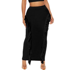 UEOIOW Women's Elastic Waist Slim Bodycon Side Tassels Long Maxi Pencil Skirts Black L