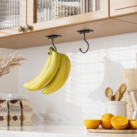 Josmimic Under Cabinet Banana Hook Adhesive - 2 Pack Sticky Banana Hanger Under Counter, Sturdy Metal Banana Holder for Hanging Bananas or Kitchen Utensil, Banana Saver, Keeps Bananas Fresh, Black