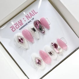 Pink diamond pearl full stone handmade nail tips - half and half mix / 핑크 다이아 진주풀스톤 수제네일팁 - 반반믹스
