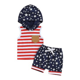 BemeyourBBs Baby Boy 4th of July Outfit American Flag Hooded Tank Top and Shorts Fourth of July Toddler Boy Summer Clothes American Flag red, 2-3T