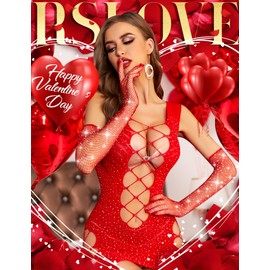 RSLOVE Women's Fishnet Gloves, Party Gloves, Sequins, Ball Gloves, Accessories 1920, Classic Style, Red, One Size, red