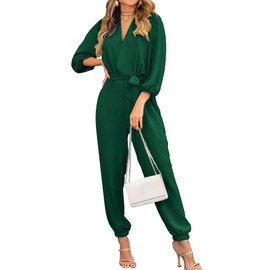 PRETTYGARDEN Women's 2024 Fall Jumpsuits Casual Dressy One Piece Outfits V Neck Long Sleeve Belt Pockets Long Pants Romper (Dark Green,Small)