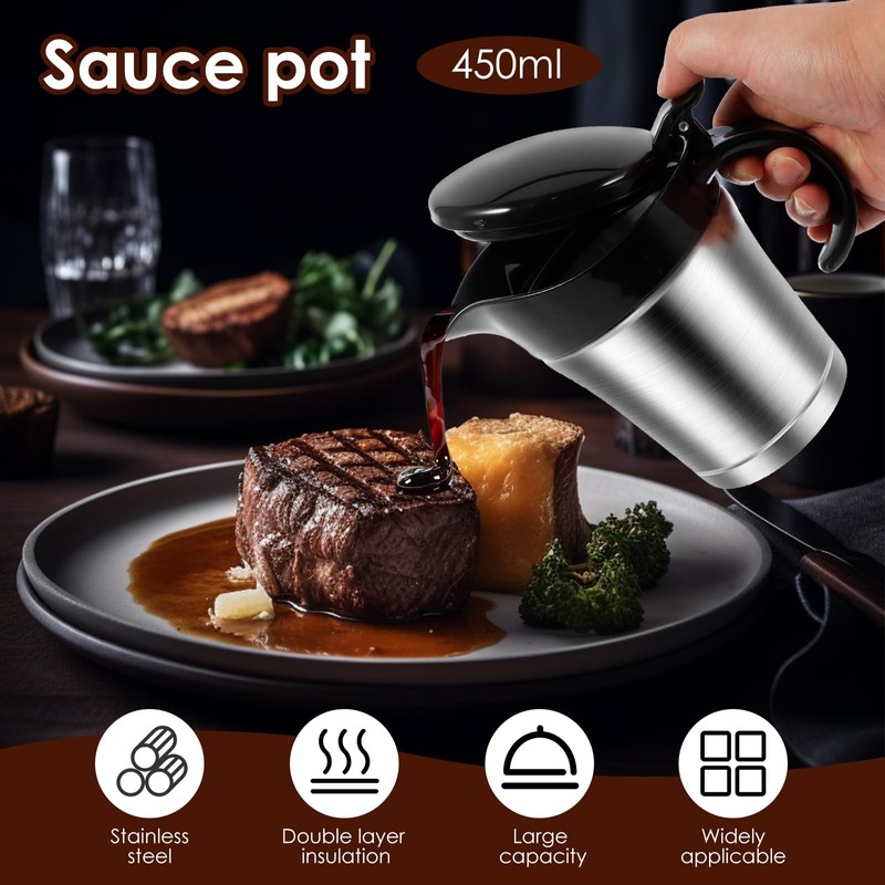 Insulated Gravy Boat, 450ml Gravy Jug with Hinged Lid, Double