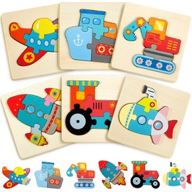 6 Pack Wooden Puzzles for Toddle Wood Jigsaw Puzzles for Boys Montessori Games and Educational Toys for Kids Wooden Toddler Puzzles Present for People Over 6 Years Old (Vehicle)