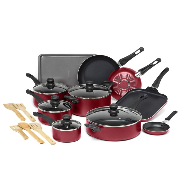 Ecolution Easy Clean Nonstick Cookware Set, Dishwasher Safe Kitchen Pots and Pans Set, Comfort Grip Handle, Even Heating, Ultimate Food Release, 20-Piece, Red
