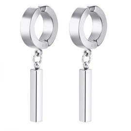 Rockyu Men's Silver Stainless Steel Hoop Earrings with Dangle Bar Minimalist Huggie Earrings Hypoallergenic Punk Style Jewelry