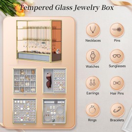 Youdepot Jewelry organizer box-Tempered Glass 5-Drawer jewelry boxes for women, Large Jewelry Boxes & Organizers With Velvet Necklaces Earring Organizer.