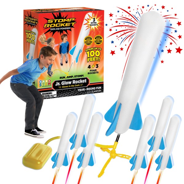 Stomp Rocket Original Jr. Glow Rocket Launcher for Kids - Soars 100 Ft - 7 Foam Rockets and Adjustable Launcher Stand - Fun Outdoor or Indoor Toy and Gift - Safe for Boys or Girls Age 3+ Years Old