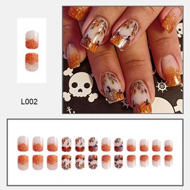 24 Pcs Fall Press on Nails Short Square Fake Nails Orange Glitter Full Cover Glue on Nails Glossy Artificial Thanksgiving Nails Maple Leaf Pumpkins False Nails Autumn Leaf Stick on Nails for Women DIY