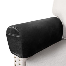Leather Look Couch Arm Covers Set of 2 Armrest Covers for Sofa Chair Arm Protectors Stretch Armchair Slipcovers with Pockets Washable Spandex Fabric (Medium, Black)