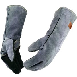 WZQH 16 Inches,932℉,Leather Welding Gloves XXL, Fire & Heat Resistant, Glove for BBQ, Oven, Grill, Fireplace, Tig,Mig, Baking, Furnace, Stove, Pot Holder, Animal Handling, Forge. 2XL Mitts, Black-gray