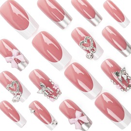 Medium Length Press on Nails Square Fake Nails French Tip False Nails with 3D Pink Bow Designs Glue on Nails Silver Heart Charm Artificial Nails Cute Glossy Stick on Nails for Women 24Pcs