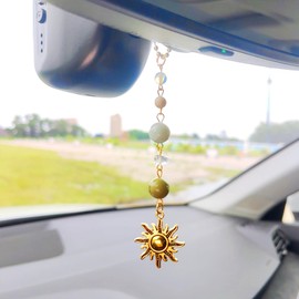 Little Sun Hanging Car Charm Simple Car Hanging Ornament, Pretty Crystals Charm Boho Car Mirror Hanging Accessories Rear View Mirror Accessories, Cute Car Accessories for Women/Men