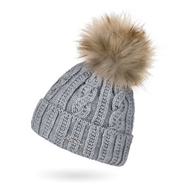 Neverless® Women's Knitted Hat with Inner Lining Fleece Fur Pompom Faux Fur Bobble Hat Cable Knit Pattern Envelope, lightgrey