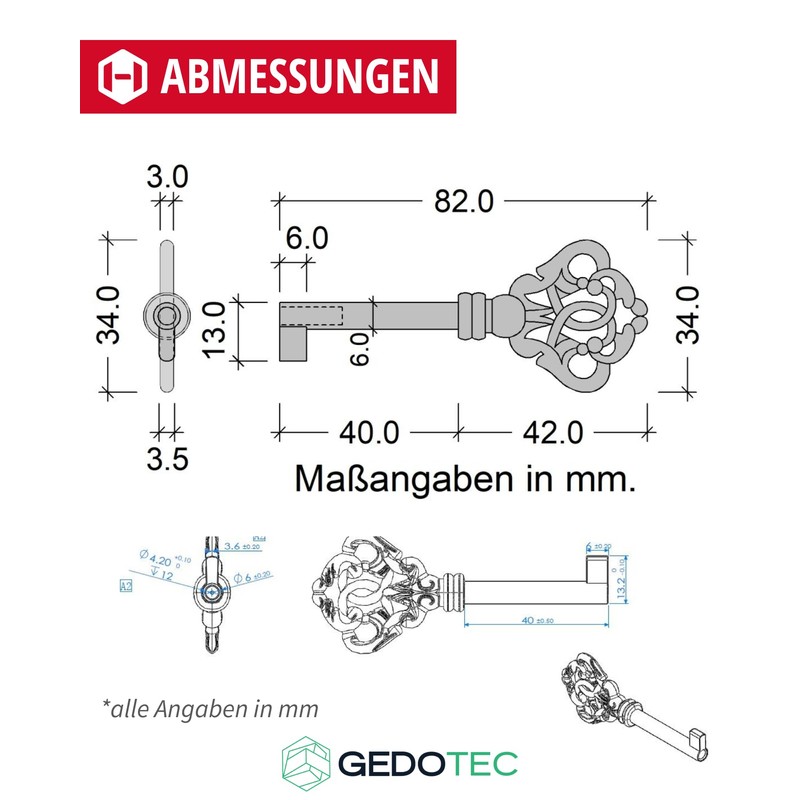 Gedotec Furniture Key Brass | 1 Piece | Beard Key