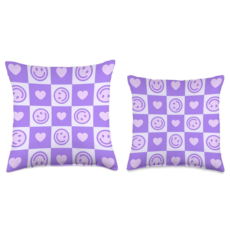 Smile Face Heart Y2K Purple Aesthetic Throw Pillow
