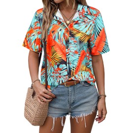 ChainJoy Women's Hawaiian Shirts Short Sleeve Button Down Soft Cool Floral Tropic Print Casual Blouse Tops Floral Blue L