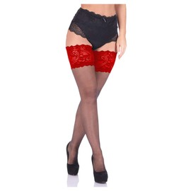 Deep Lace Top Sheer Hold-Ups 20 Denier XS - XL (L/XL, Black/Red Lace Top)