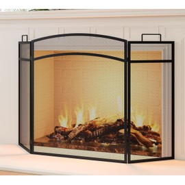 Calidola 3 Panel Fireplace Screen 48" W x 29" H Modern Foldable with Wrought Metal Decorative Mesh,Arch Heavy Duty Fire Spark Guard Cover for Home Decor Indoor, Black