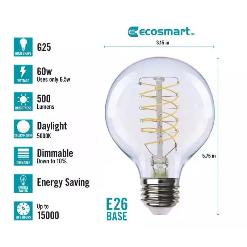 Eco-Smart 60 Watt Equivalent LED Light Bulb Daylight G25 Dimmable