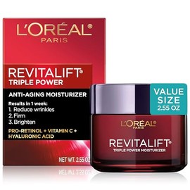L'Oreal Paris Revitalift Triple Power Crema hidratante facial antienvejecimiento, Pro Retinol, ácido hialurónico y vitamina C, reduce las arrugas, 2.5