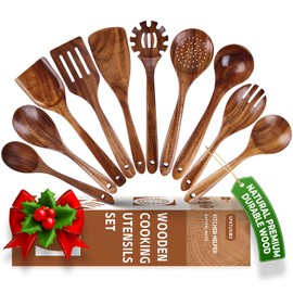Wooden Spoons for Cooking, Gentle Wooden Utensils Set for Non-stick Pan, Long Hanle Wooden Spoon and Spatula Set of 10