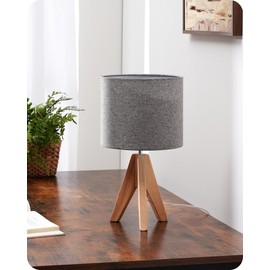 EDISHINE Vintage Table Lamp, Bedside Lamp, Grey, Tripod Wooden LED Table Lamp, Retro Country House, E27 Socket, Linen Lampshade for Decorative Bedroom, Living Room