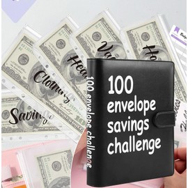 100 Envelopes Money Saving Challenge, 100 Envelope Challenge Binder, Easy and Fun Way to Save $5,050, Savings Challenges Budget Book Binder with Cash Envelopes for Office,Home,School (Black)