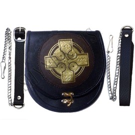 Leather Sporran Gold Cross Black/Brown Leather Sporran for Kilts with Chain Belt
