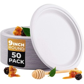 50 x Round white Paper Plates [6Inch, 15cm ] Party Plates for Hot Food. Reusable Bagasse Sugar Cane plates for Weddings, Christmas and picnic. 8inch, 10inch (9 INCH)