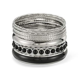 Ensoul Shiny Silver With Black Color Mixed Multi Metal Bangles Bracelets Set Fashion Jewelry For Women 11Pcs/Set