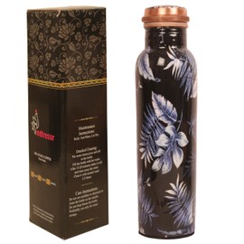INDTRESOR Pure Copper Water Bottle - Handcrafted - Ayurveda health benefits - Large 35 oz - Leak proof - Easy to carry for Sports, Fitness, Yoga, School - Indigo Blue Artistic Petals Motifs Enamel
