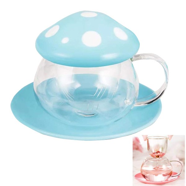 Rain House Cute Mushroom Glass Tea Cup with Infuser and Spoon, Clear Kawaii Teapot with Strainer Filter, Ceramic Lid and Coaster, Heat-Resistant for Home and Office Use, 290ML/9.6oz (Blue)