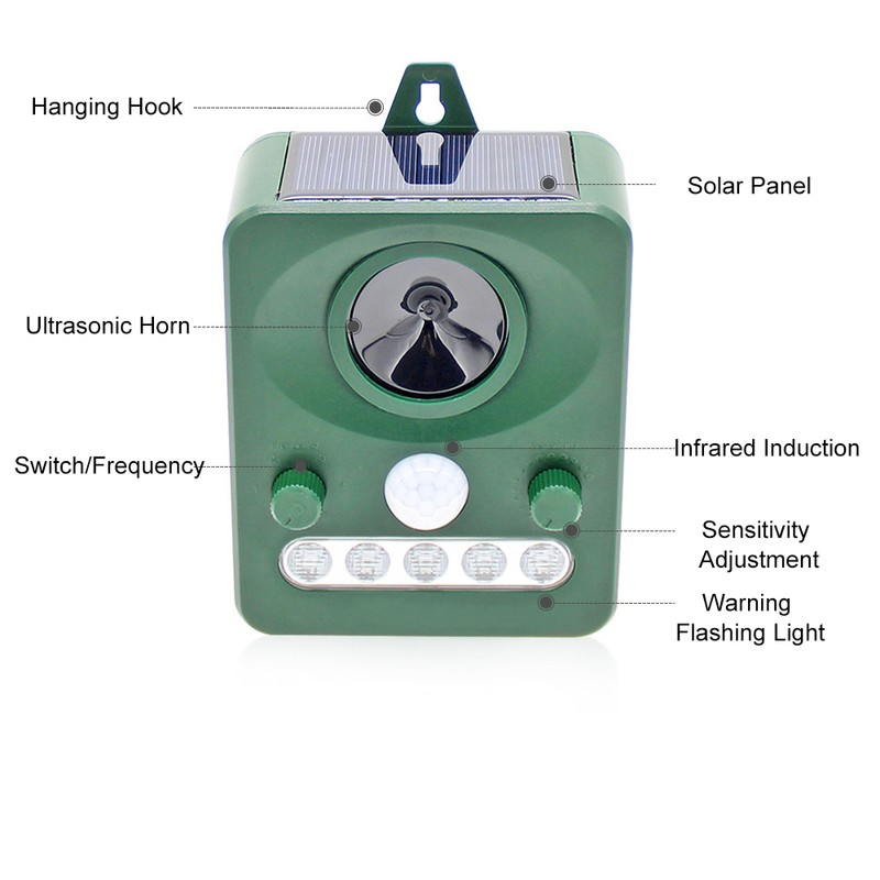 Solar-Powered Animals Repeller Ultrasonic-Wave Dog Cat Rechargeable Repellent for Outdoor