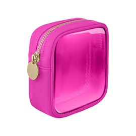 Small Nylon PVC Cosmetic Travel Bag Mini Clear Makeup Bag Waterproof Toiletry Storage Clutch Coin Zipper Pouch Beauty Skincare Bag for Women Girls Hot Pink