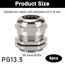 Pack of 6 PG13.5 Cable Glands, IP68 Waterproof Cable Glands, Nickel-Plated Cable Connectors, Cable Connectors, 20.4 mm Male Thread, Dustproof Cable Guide for 6-12 mm Cable Connection