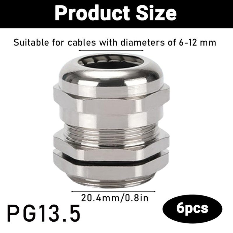 Pack of 6 PG13.5 Cable Glands, IP68 Waterproof Cable Glands,