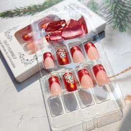 Mkwntg Christmas Press on Nails Short Square Fake Nails with Christmas Tree Designs Red Glitter French Tip False Nails Glossy Snowflake Winter Xmas Full Cover Glue on Nails for Women Manicure 24Pcs