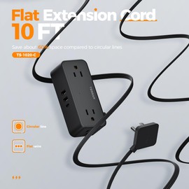 Extension Cord 10 FT with Multiple Outlets, TESSAN Flat Plug Power Strip Surge Protector with 4 Wide Spaced AC Outlets 3 USB Ports(1 USB C), Surge Protection for Home Office Dorm Room, Black