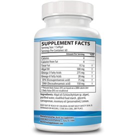 Vegan Algae Omega 3 Oil – Natural Vegan Omega, Molecularly Distilled - Omega 3 & 6, EPA, DHA, Algal Oil To Support Heart, Brain, and Immune Health - 60 Softgels