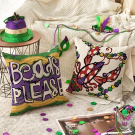 AVOIN colorlife Mardi Gras Beads Please Throw Pillow Covers, 18 x 18 Inch Masquerade Mask Bead Crawfish Holiday Cushion Case Decoration for Sofa Couch