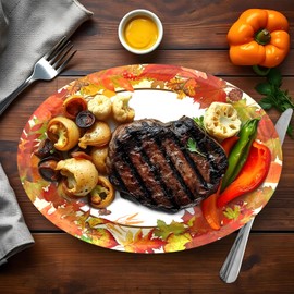 50-Count Thanksgiving Paper Plates: Fall Leaves Themed Heavy Duty Large Dinner Plates, Disposable Dinnerware Set for Autumn Harvest Friendsgiving Party Decorations Supplies (Oval, 10.2 x 12.6 Inch)