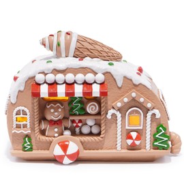 Hodao Christmas Decorations Gingerbread House Figurine with Ice Cream Car Design, Battery-Powered (2 AAA), 7.1" L Resin Christmas Village Houses-Festive Indoor Home Christmas Party Display (Color 2)