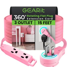 GEARit 360 Rotating Flat Plug Extension Cord with 3 Outlets (15ft, Pink) 16AWG/13A 3 Prong Wire, Outlet Saver for Home Office Dorm Room Essentials, ETL Certified