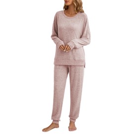 Famulily Women's Casual 2 Piece Outfits Side Split Ribbed Shirt Elastic Waist Long Pants Loose Fit Pajamas Set Pink M