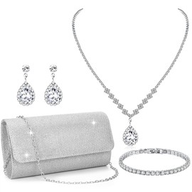 RIOSO 4Pcs Silver Jewelry Set for Women Evening Rhinestone Sparkly Clutch Purse Bag Necklace Earrings Bracelet Silver Formal Prom Costume Sets for Women Bride Wedding Jewelry
