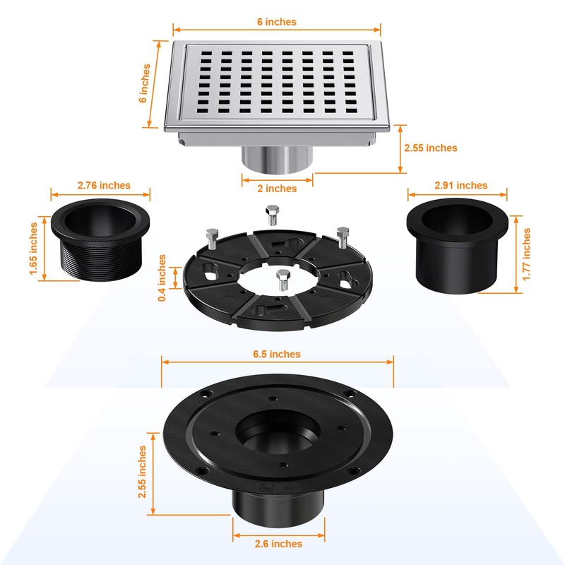 NIREU 6 Inch Square Shower Floor Drain with Removable Cover