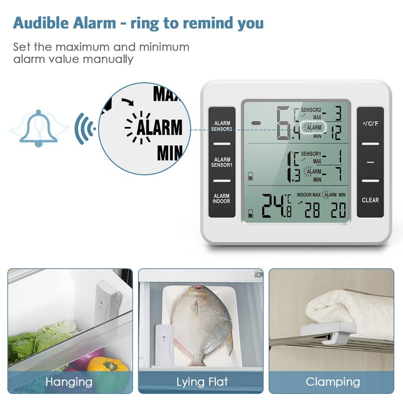 Fridge Thermometer, Ankilo Upgrade Digital Thermometer with 2 Sensors, Freezer