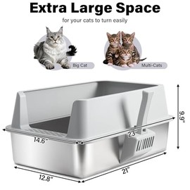 Stainless Steel Litter Box, XL Metal Cat Litter Box with Lid, Extra Large Cat Litter Boxes for Big Cats with High Sides, Leak Proof, Easy to Clean, No Stick, Odor Control, Include Scoop and Mat